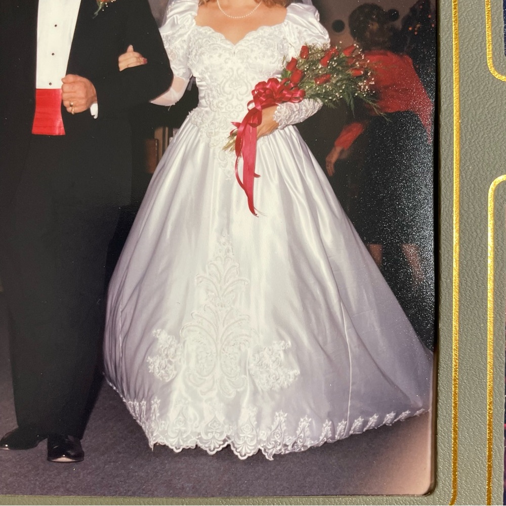 Vintage 1989 White Satin Wedding Dress Pearls, Sequins, & Lace with a Long Train
